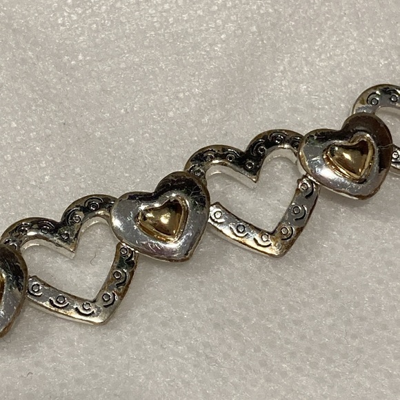 Silvertone Open Heart Link & Heart Goldtone Spacer Magnetic Clasp Bracelet - Picture 2 of 13